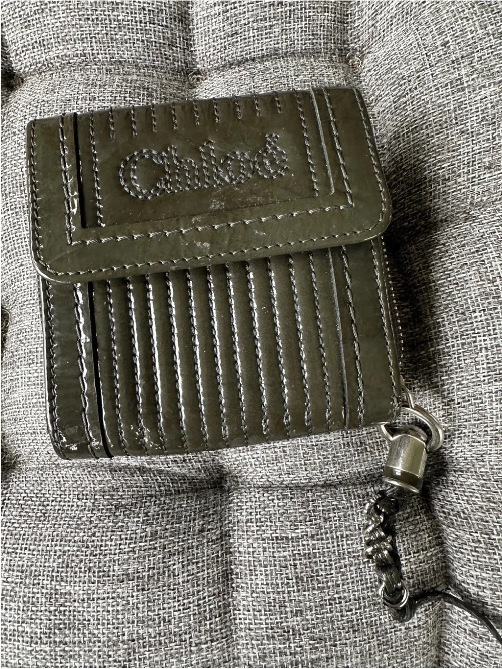 Chloé Olive Green Patent Leather Zip Around Wallet Authentic